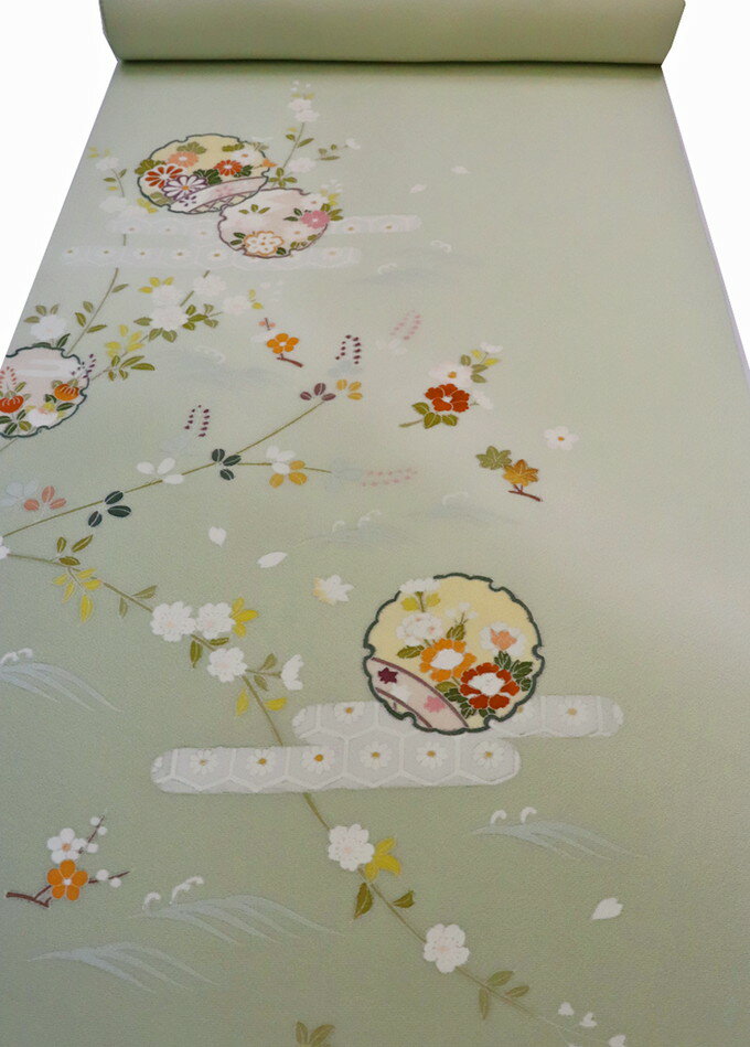 反物◆附下 正絹【丹後ちりめん】淡いグリーン系・白緑(びゃくろく) 季節の花・雪輪【手描き友禅】紋意匠◆巾約38.0ccm
