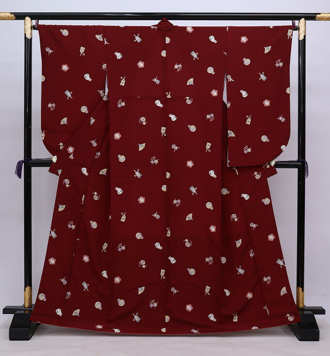 ◇二尺袖　小紋【中古品】小豆色系　うさぎ柄　シンプル◎ポリエステル◆袴に合わせて♪シンプルカワイイ