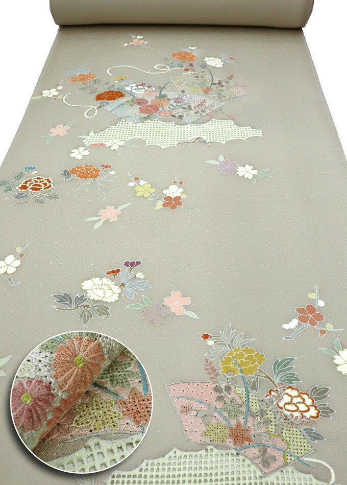★★★早い者勝ち！驚愕値下げ大セール★★★反物　附下【汕頭刺繍風】正絹【丹後ちりめん】黄味のある薄グレーベージュ系・灰白色（かいはくしょく）　季節の花【手描き友禅】金彩◆巾約37.0cm