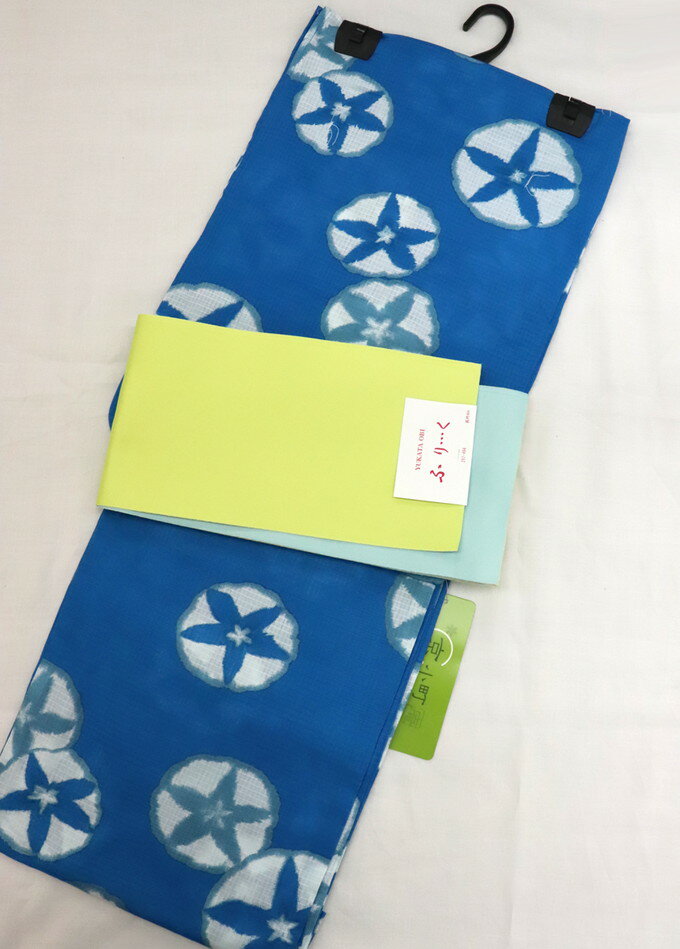 【リバーシブル帯付きセット】涼し気な変り織ゆかた◎浴衣◆◇女性 M-Lサイズ◇【新品】ハワイアンブルー・朝顔柄のサムネイル