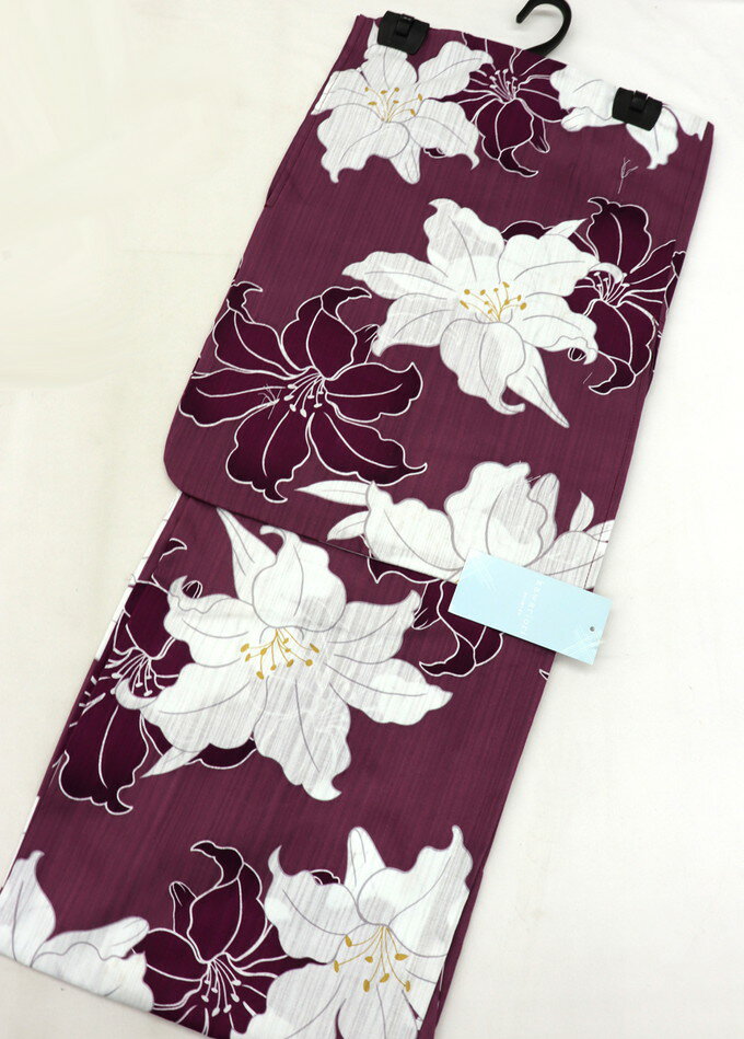 涼し気な変り織ゆかた◎浴衣◆◇女性 M-Lサイズ◇【新品】赤紫色　百合・カサブランカ　大人の小紋のサムネイル