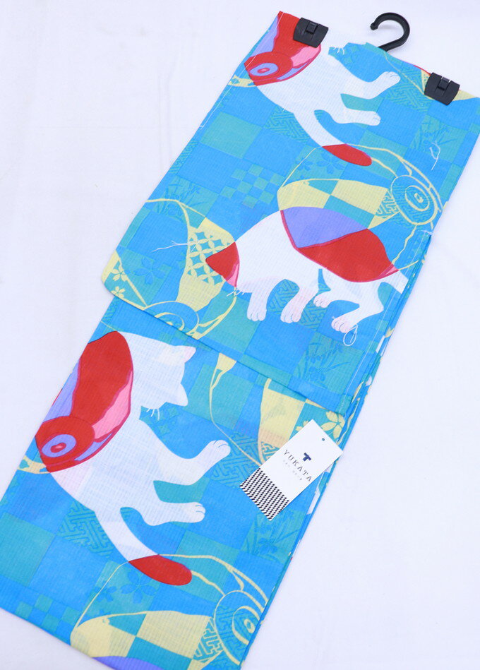 【猫好きさん必見】涼し気な変り織ゆかた◎浴衣◆◇女性 M-Lサイズ◇【新品】ブルー×グリーン　猫柄のサムネイル