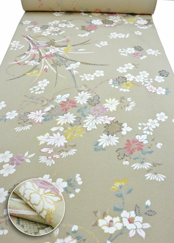 反物◇小紋　着尺【丹後ちりめん】正絹◆薄クリームベージュ系・蒸栗色（むしぐりいろ）　季節の花・金彩◆巾約38.5cm