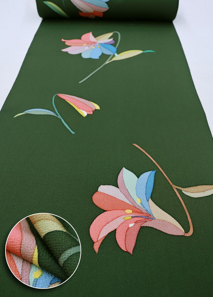 【蝋堰手描き友禅】小紋着尺◆正絹【濱ちりめん】カーキグリーン・モスグリーン地　百合◆巾約36.5cm◆