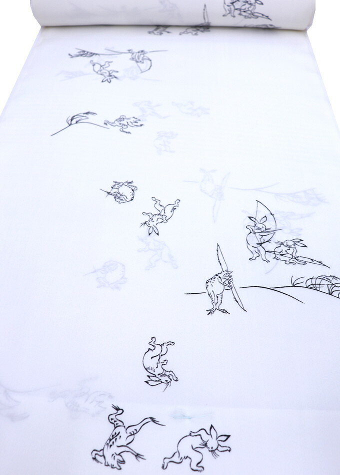 【訳アリ特価　寸足らず】長襦袢地◇反物◇正絹◆オフホワイト地　鳥獣戯画◆巾約38.0cm×9.3m～◆※若干訳アリ(画像参照)※