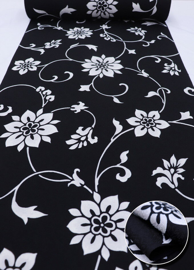 【小紋　染着尺】◇小紋着尺　正絹【丹後ちりめん】型染友禅◆黒地　花更紗【紋意匠】◎巾約37.0cm