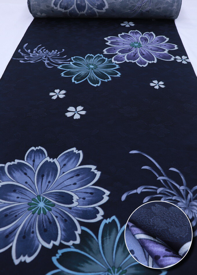 ◆小紋着尺・羽織にも　正絹【丹後ちりめん】濃紺地　大花柄【紋意匠】◆約39.5cm×13.0m