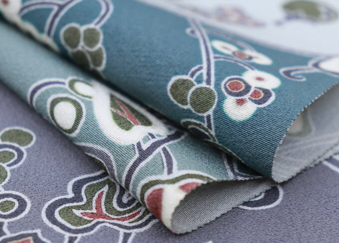 反物◇着尺◆正絹【濱ちりめん】灰水色地　柄寄せ◆幅約37.0cm