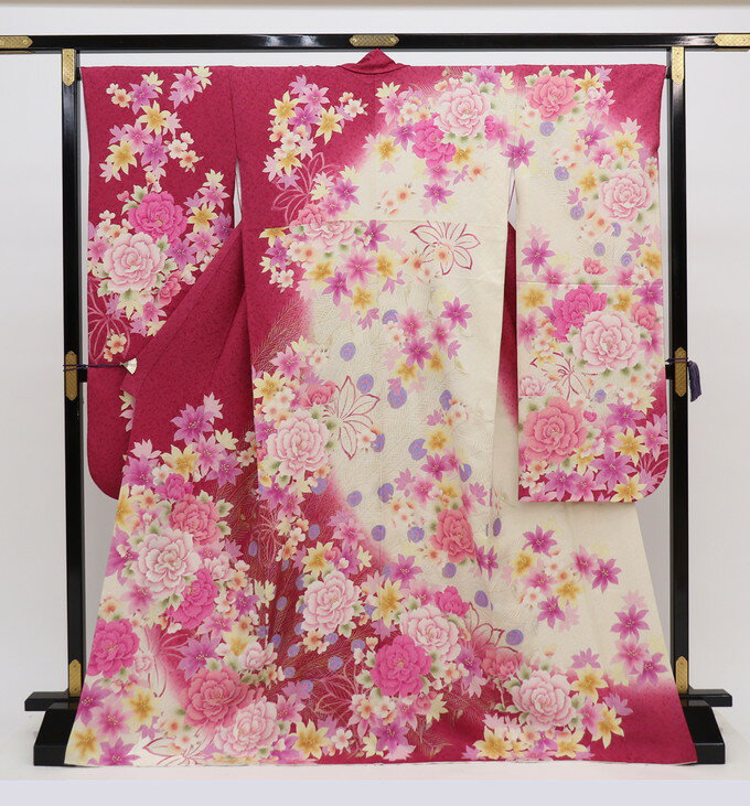 【大きめサイズ】◇振袖【中古】オフホワイト×ピンク系 花爛漫・ラメ入【状態ランクB】