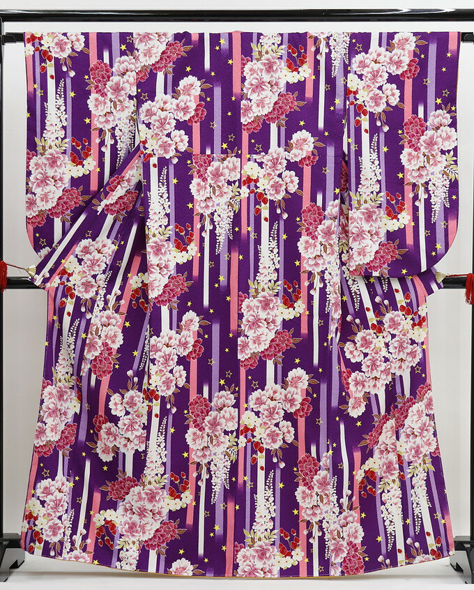 乐天商城 - ◇二尺袖　【中古品】紫色地・縞に花・藤　ポリエステル◆　袴に合わせて♪