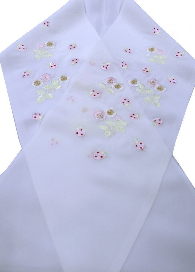 【刺繍入 半衿】新古品 半襟【扱いやすいポリエステル】白地 刺繍・イチゴ柄◆ 和装小物【メール便配送限定】