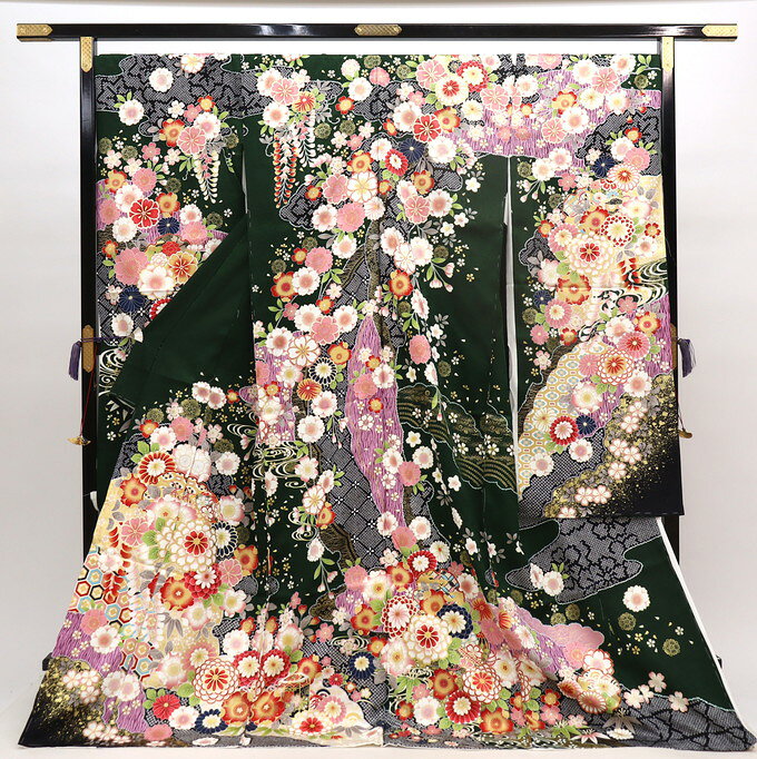樂天商城 - ★【下見OK】未仕立て　新品振袖★卒業式・成人式・パーティーに☆仮絵羽◆濃いめグリーン地　花爛漫・絞り風柄【金彩】地紋入