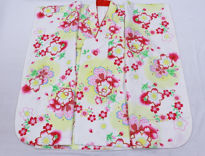 女の子用【7歳用】お洒落 ◆襦袢なし　四つ身【リサイクル・中古品】◆白地×ピンク系　花爛漫・桜◆