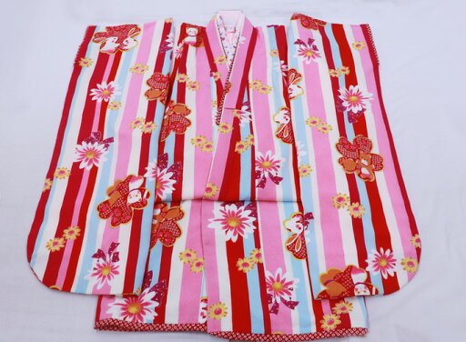 女の子用【7歳用】お洒落 ◆襦袢つき 四つ身【リサイクル・中古品】◆赤×ピンク系 ウサギ&猫・花爛漫・縞◆ 女の子用【7歳用】お洒落 ◆襦袢つき 四つ身【リサイクル・中古品】◆赤×ピンク系 ウサギ&猫・花爛漫・縞◆