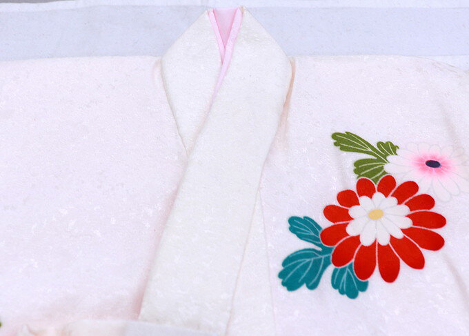 【手描き友禅】女の子用【お宮参り 女の子 着物 初着】正絹◆襦袢付　一つ身 のしめ 産着【新古品】オフホワイト・赤地　熨斗・花爛漫　女児　祝着◆　※小物は付属しておりません。 3