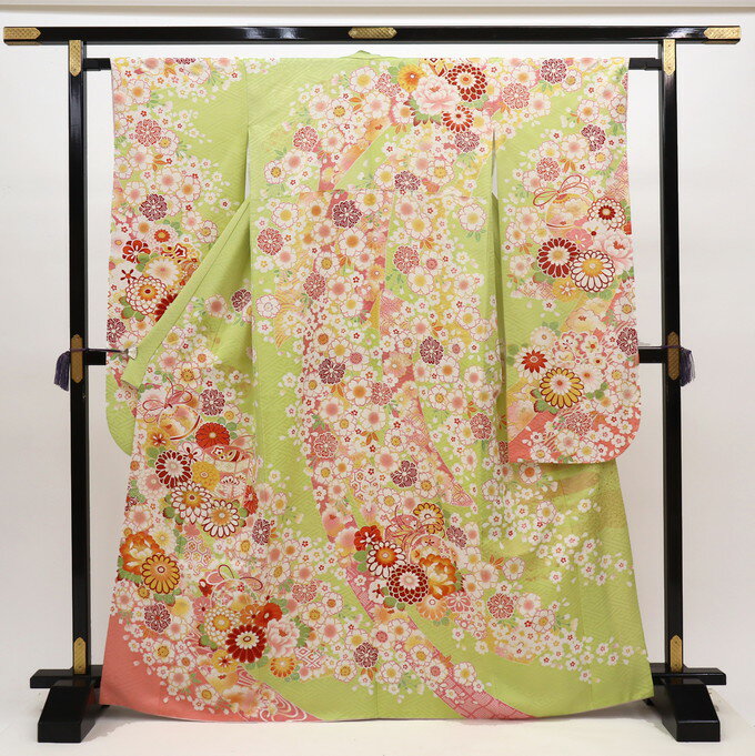 乐天商城 - ◇振袖【中古】黄緑色系　花爛漫・花吹雪　紋意匠【状態ランクB】