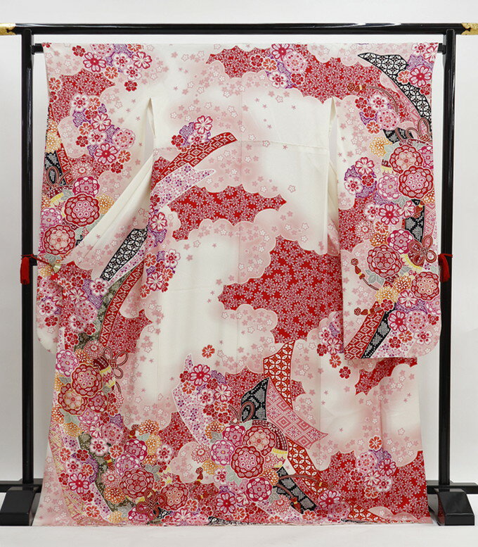 ◇振袖【中古】オフホワイト地 部分絞り風柄【状態ランクB】
