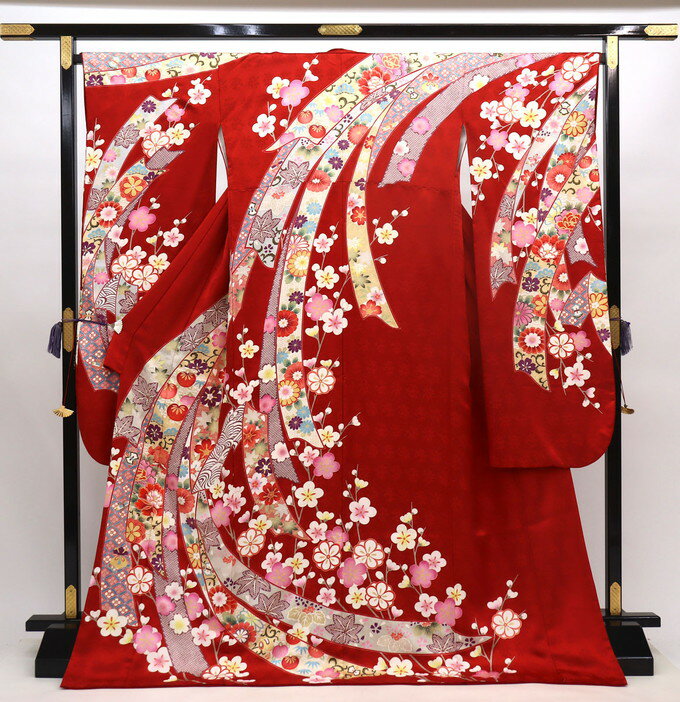 樂天商城 - 【裄長めサイズ】◇振袖【中古】赤色系　束ね熨斗に花爛漫【状態ランクB】