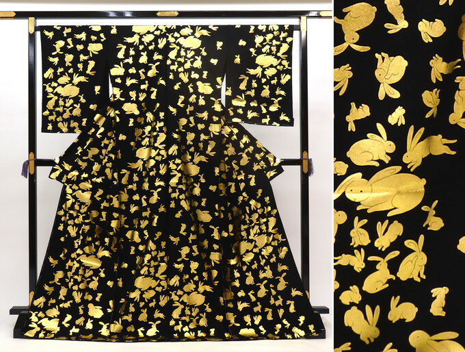 【ウサギ好きさん必見★】【舞台・役者用着物】◆訪問着　未仕立て・仮絵羽【正絹】黒地×ゴールド◆うさぎ　兎がいっぱい