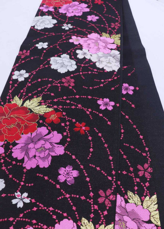 ◇振袖用　袋帯【中古】◇黒地×ピンク・ラメ　花爛漫◇振袖用 リサイクル★柔らかめ