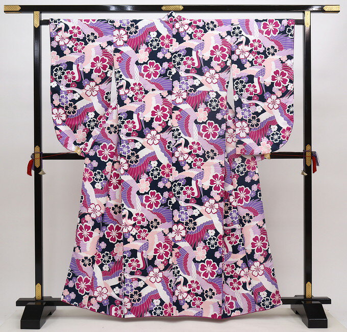 乐天商城 - ◇二尺袖　【新古品】紺地・紫　華爛漫・鶴　小紋　ポリエステル◆裾上げ済　袴に合わせて♪