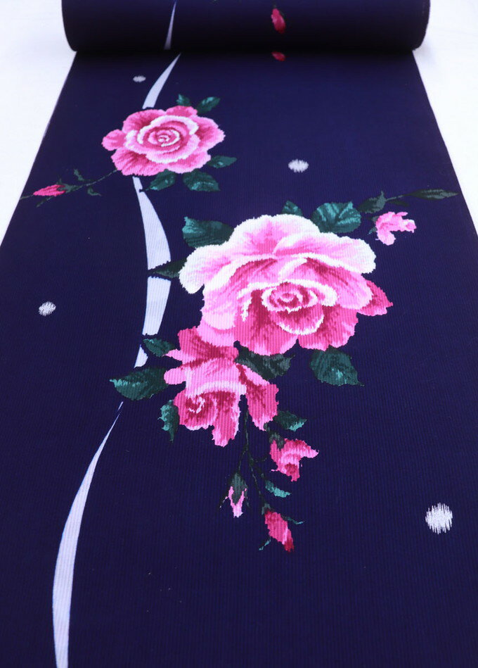 【訳あり特価】反物浴衣　ゆかた【HIROMICHI NAKANO】紺青色地　薔薇【新古品】巾約38.0cm　※若干訳アリ（画像参照）※