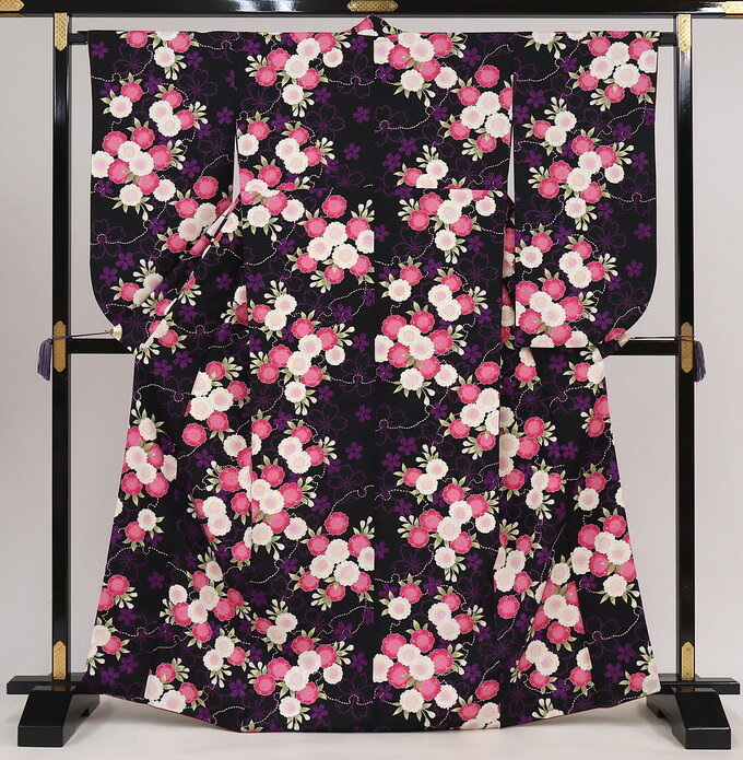 乐天商城 - ◇二尺袖　【中古品】黒系　小紋　華爛漫　ポリエステル◆袴に合わせて♪