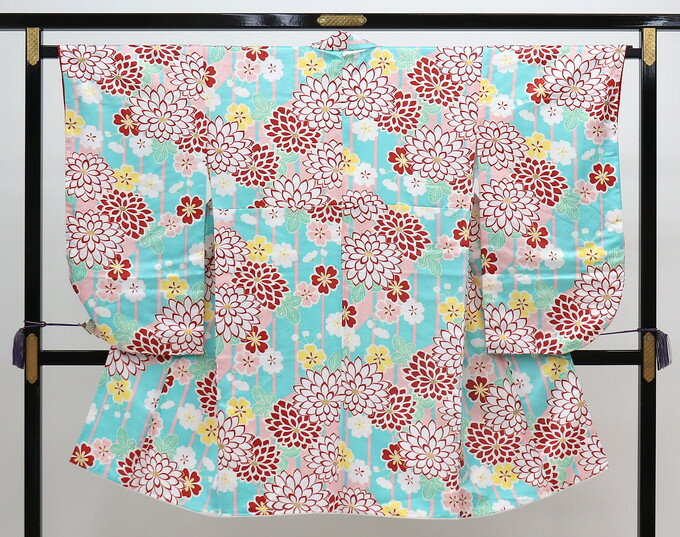 乐天商城 - ◇二尺袖　【中古品】ブルーグリーン地　菊・縞　小紋　ポリエステル【H・L】◆袴に合わせて♪