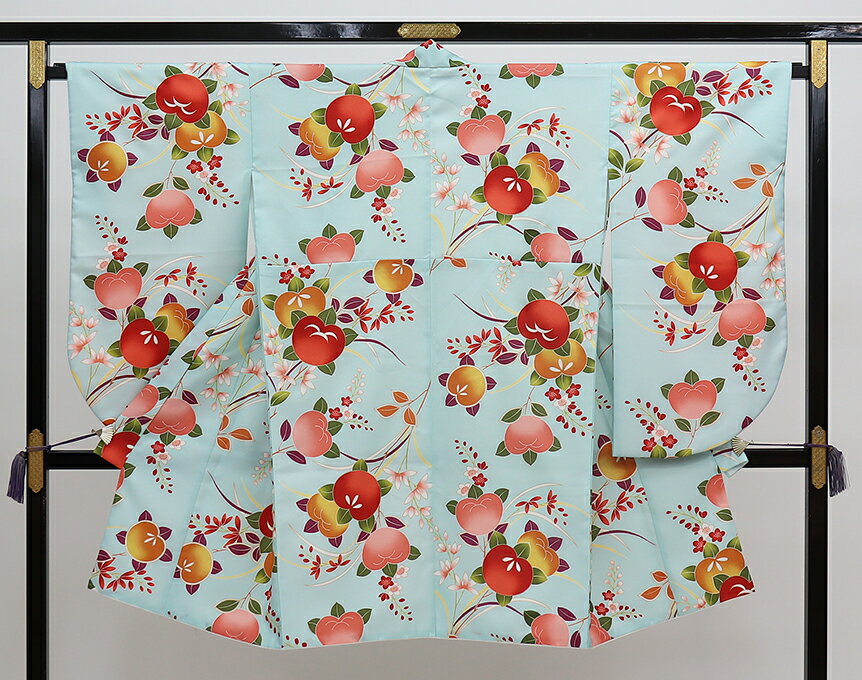乐天商城 - ◇二尺袖　小紋【中古品】パステルブルー地　橘・花爛漫　袖襦袢付き　ポリエステル◆裾上げ済　袴に合わせて♪