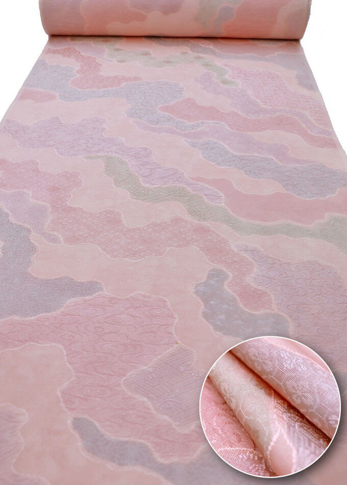 【和か葉苑】小紋着尺◆正絹◆ベージュピンク・ヌードピンク色系　花【地紋起こし】紋意匠　堰出し友禅◆巾約36.5cm◆