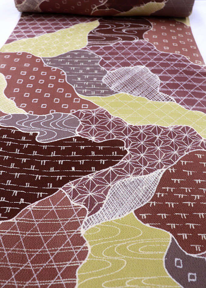 反物　小紋　着尺【濱ちりめん】正絹◆ブラウン系　柄寄せ◆巾約36.0cm