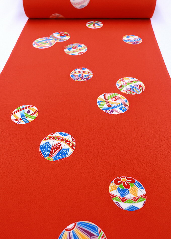 着尺・小紋【浜ちりめん】正絹◆鮮やかな朱赤地　飛び柄花小紋・毬【型友禅】◎巾約36.5cm