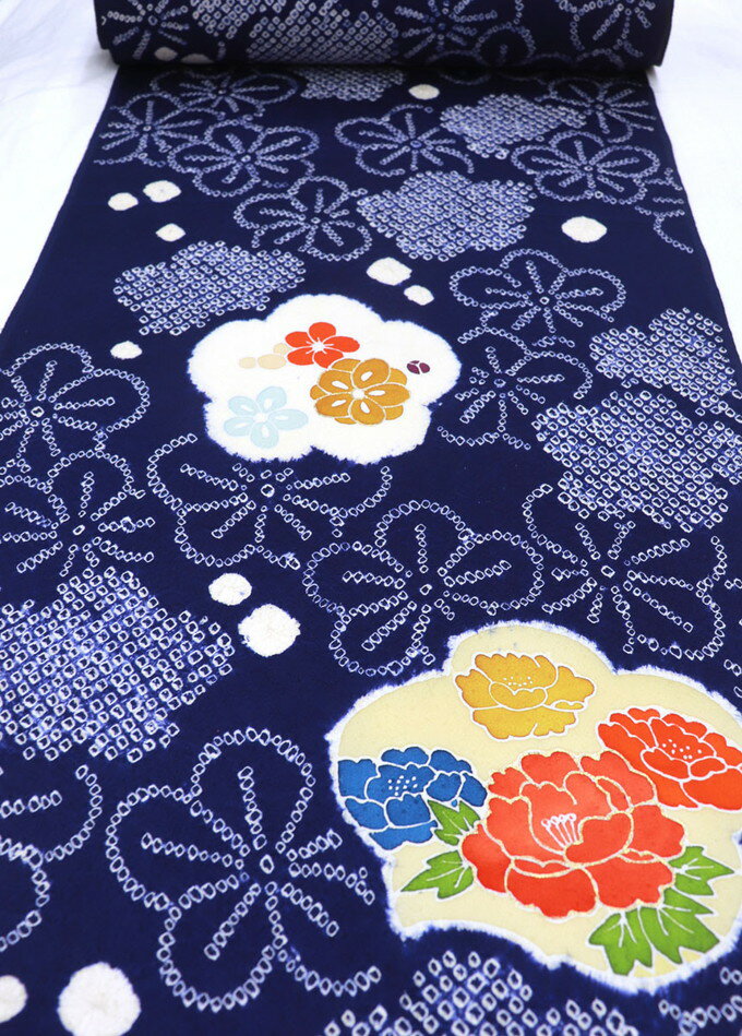 【絞り着尺】反物◇小紋　着尺◆正絹◆紺青◎巾約36.0cm◆※若干訳アリ(画像参照)※