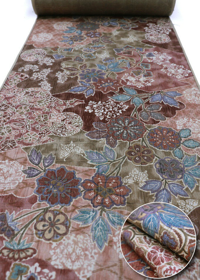 着尺　小紋◆正絹　◆ワインレッド系×ブラウン他　花更紗【紋意匠・地紋入】草木染◇巾約35.5cm