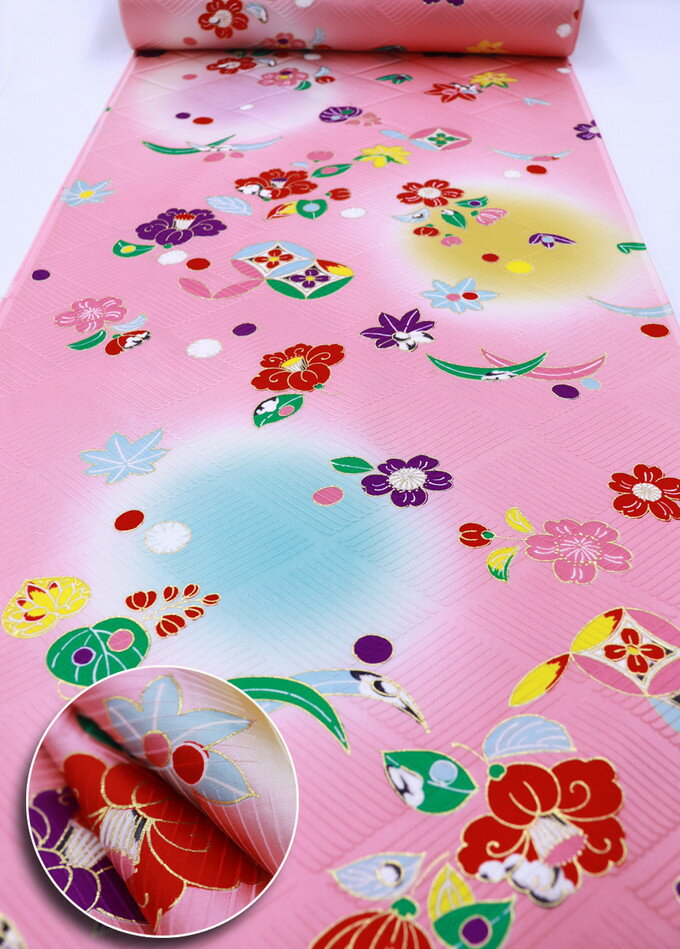 【小紋　染着尺】四つ身風小紋◇小紋着尺　正絹　光沢のあるピンク系　小花◎巾約36.5cm　約12m※訳アリ有(画像参照)※