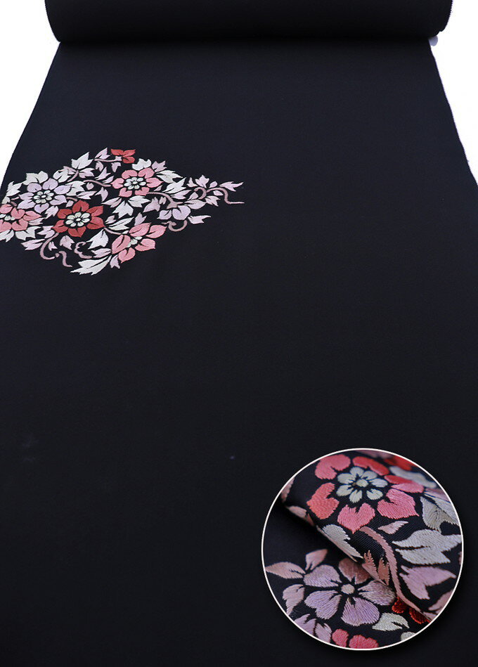 樂天商城 - 【刺繍入】反物◇黒羽尺　コート地◆正絹【丹後ちりめん】黒地　花菱◆幅約35.5cm　※若干訳あり(画像参照)※