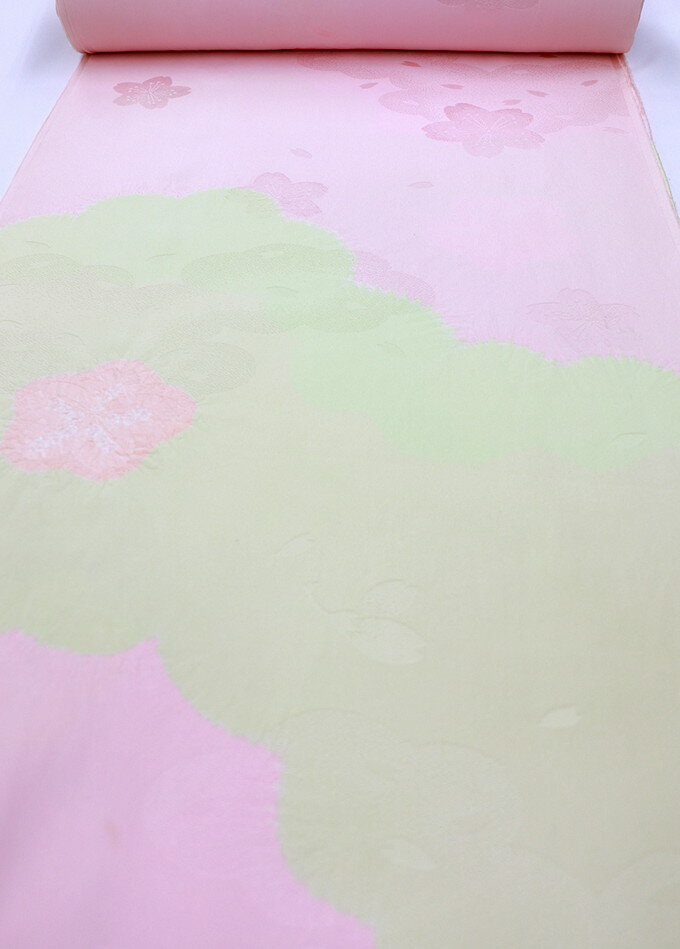 長襦袢地◇反物◇正絹◆薄イエロー×薄ピンク系　部分絞り　紋意匠　桜◆巾約36.5cm×13.5m　※訳アリ　ミミに薄ヤケ有※