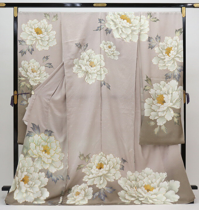 ★【訳あり特価】未仕立て 新品振袖 仮絵羽【丹後ちりめん】正絹◎京友禅 くすみのある薄ピンク色地×ミルクティーベージュ ニュアンスカラー 大柄の牡丹◆人気のくすみカラー【紋意匠】