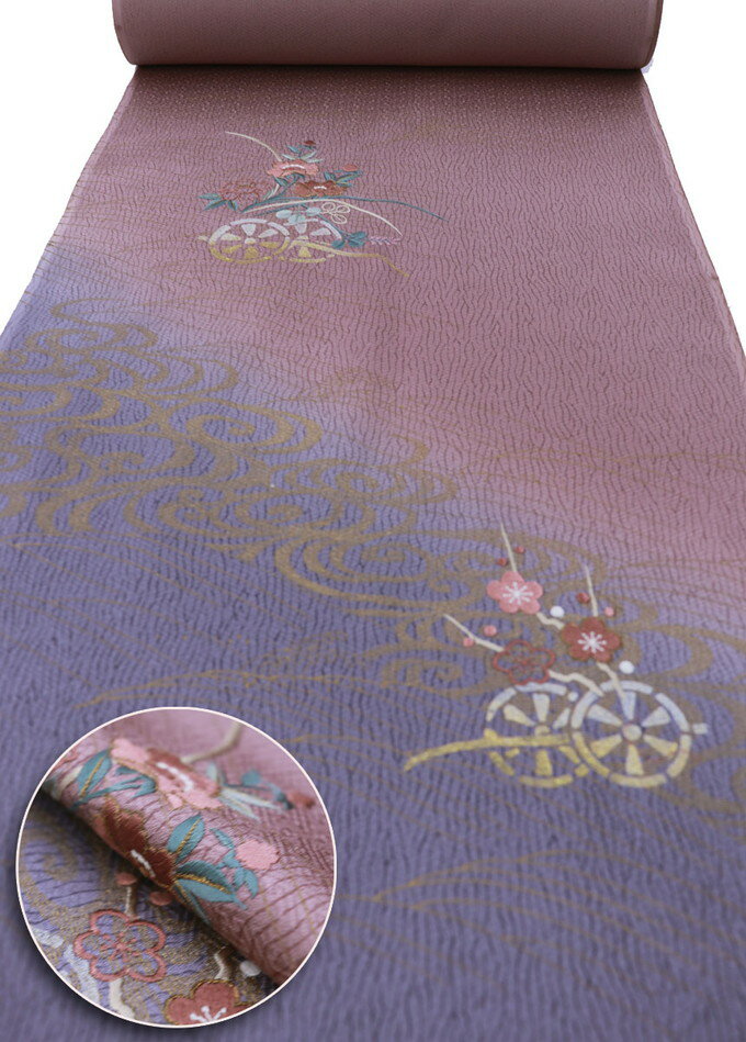 【刺繍入】反物◆附下　正絹◆梅鼠（うめねず）×灰紫色ぼかし　花車・金彩【紋意匠】◆巾約36.5cm