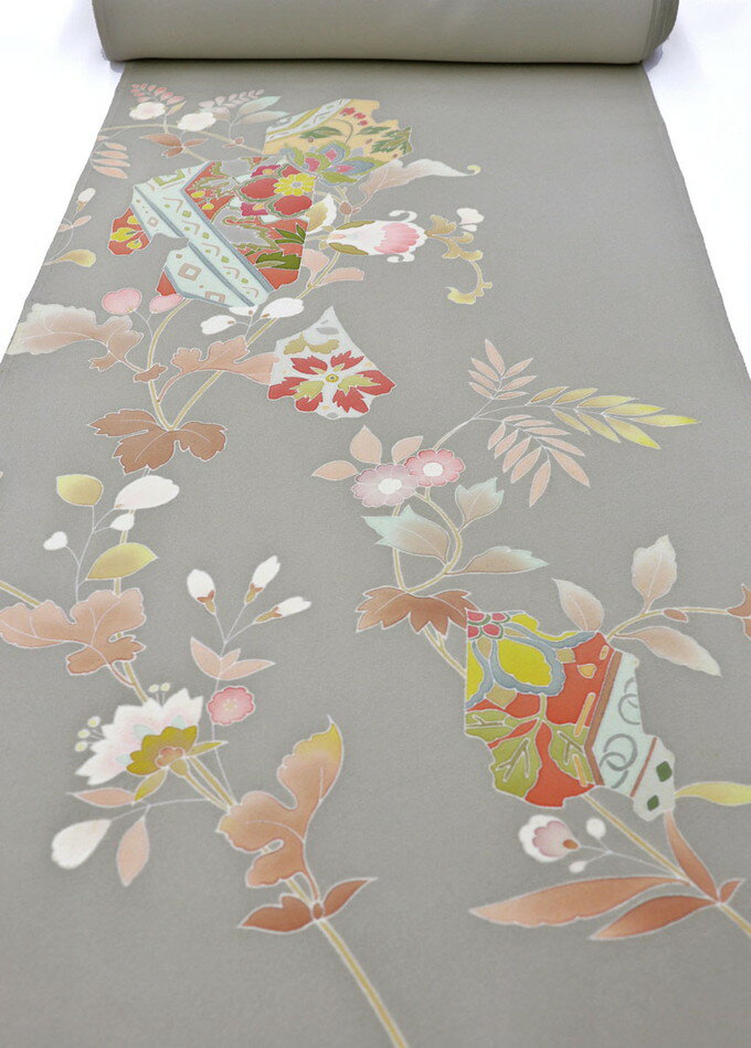 附下反物　正絹【丹後ちりめん】◇付下　柔らかなたグレー地　花更紗【手描き友禅】◆巾約37.5cm　※若干..