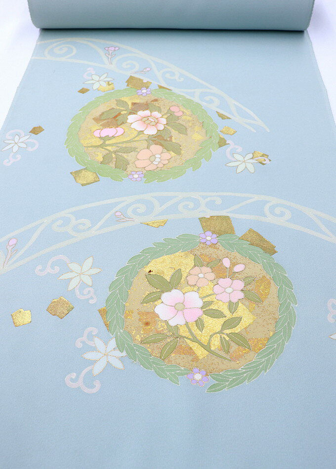 反物◆附下　正絹◆【伊と幸】空色系　花輪　箔入り◆巾約38.0cm　※訳あり　画像参照（巻き始め25cmに小ジミ、箔に経年劣化による変色有）※