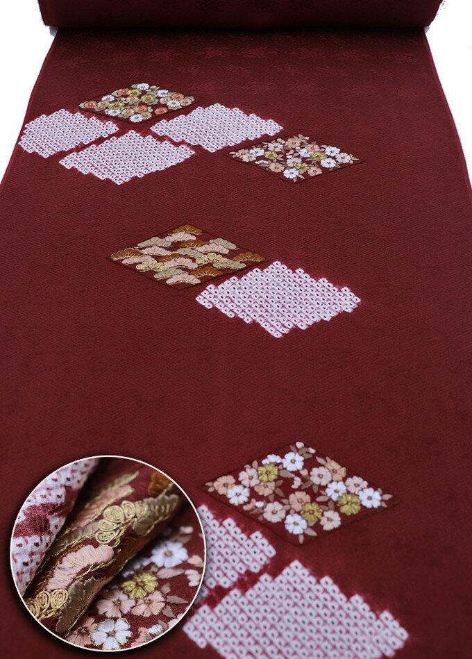 乐天商城 - ★★★早い者勝ち！驚愕値下げ大セール★★★【彩麗刺繍】反物　附下【織元大塚】正絹◆ガーネット色・ワインレッド【紋意匠】部分絞り◆巾約36.0cm