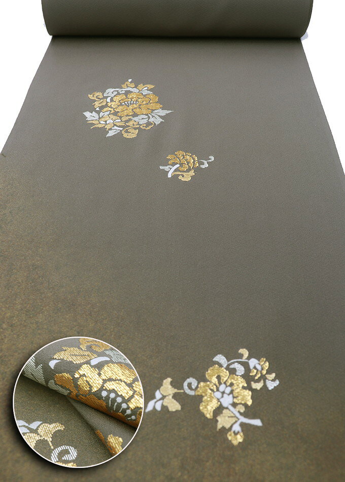 金糸刺繍入　反物◆附下　正絹◆【丹後ちりめん】グレーベージュ系・灰汁色（あくいろ）　季節の花◆巾約36.0cm　※若干訳あり（拍に若干の経年感有）※