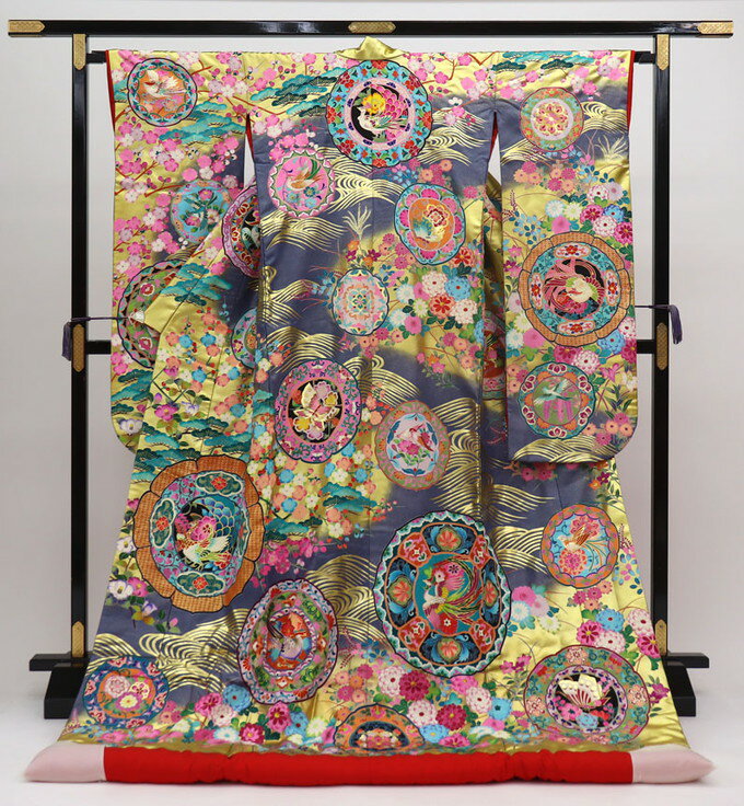 乐天商城 - 【友禅作家 秋山章ブランド】色打掛　青みのあるグレー×マットゴールド　花爛漫に鴛鴦・宝相華【中古】豪華絢爛【状態ランクB】◆