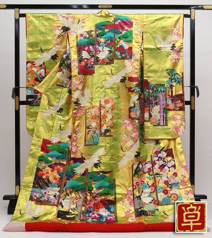 乐天商城 - ★【友禅作家 秋山章ブランド】色打掛【中古】正絹　マットゴールド系　飛翔鶴・花爛漫【状態ランクB】◆