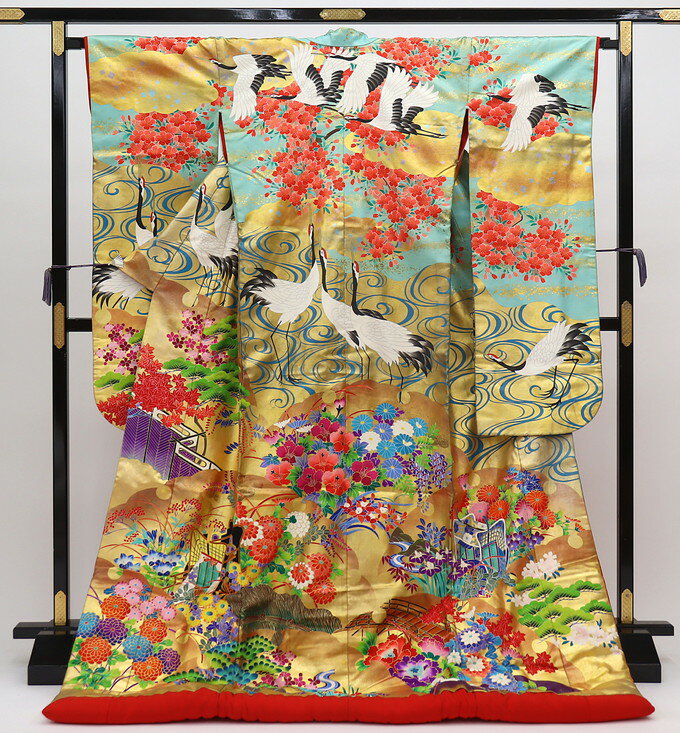 色打掛【中古】正絹◇金×水色系 花爛漫に飛翔鶴【状態ランクB】