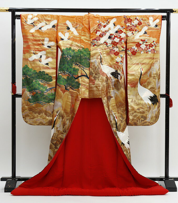 ★【友禅作家 秋山章ブランド】色打掛　オレンジ×ブラウン系　立ち鶴・富士山・月【中古】豪華絢爛◇【状態ランクB】◆