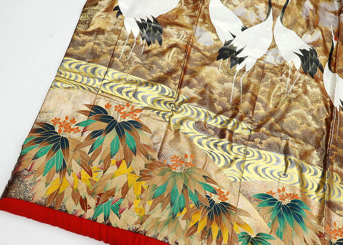 ★【友禅作家 秋山章ブランド】色打掛　オレンジ×ブラウン系　立ち鶴・富士山・月【中古】豪華絢爛◇【状態ランクB】◆