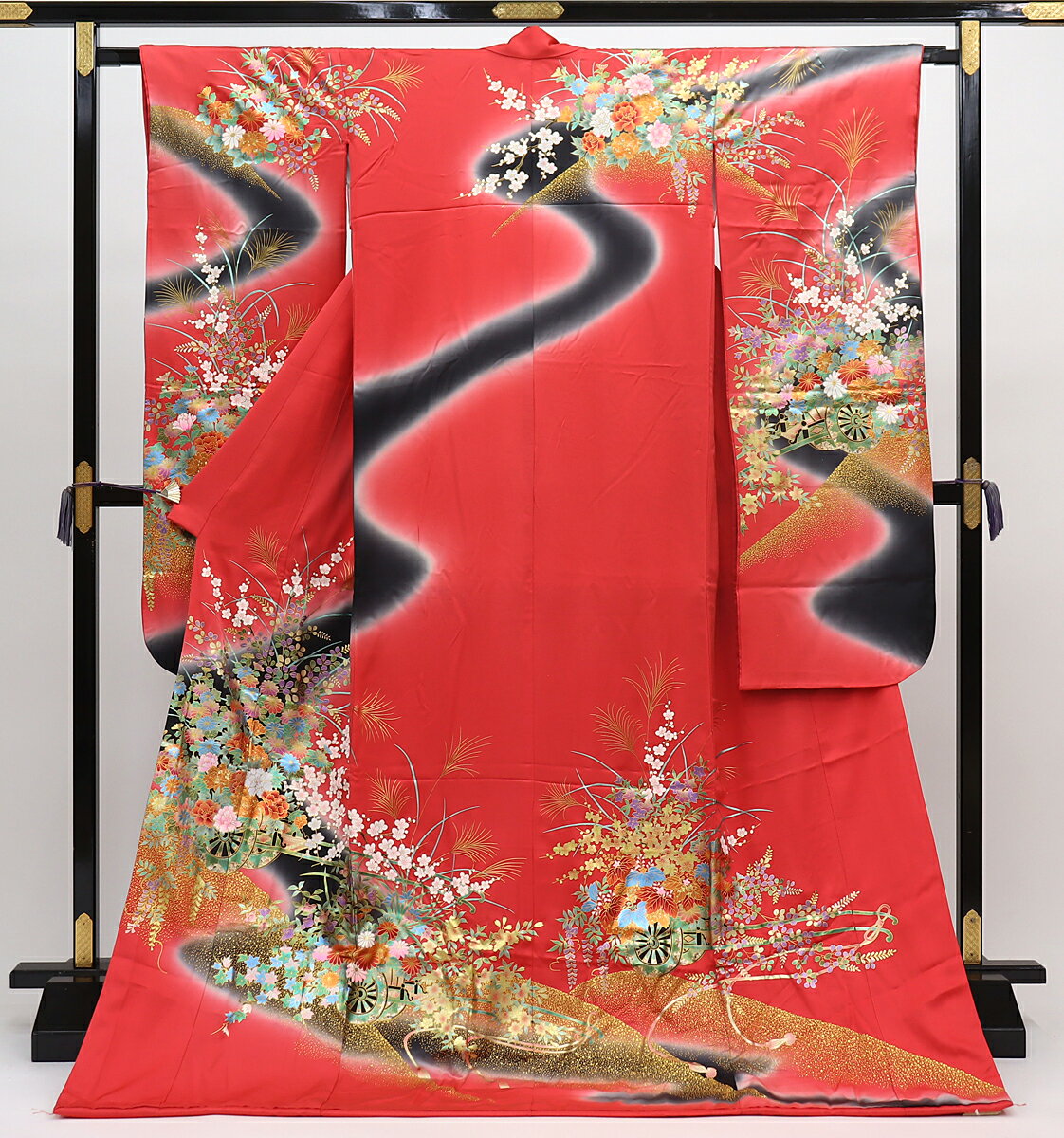 ◇大振袖・引き振袖 【中古】ピンク×黒系　花車【状態ランクB】婚礼衣装◇...