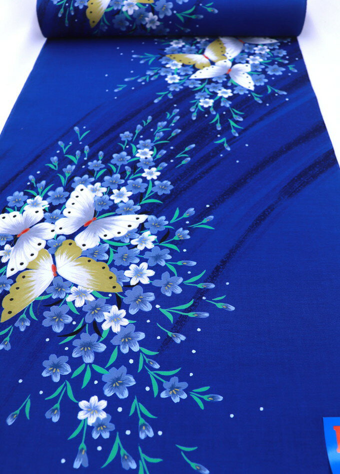 反物浴衣　ゆかた◆ブルー・青地　蝶々　綿◆【新古品】巾約36.5cm